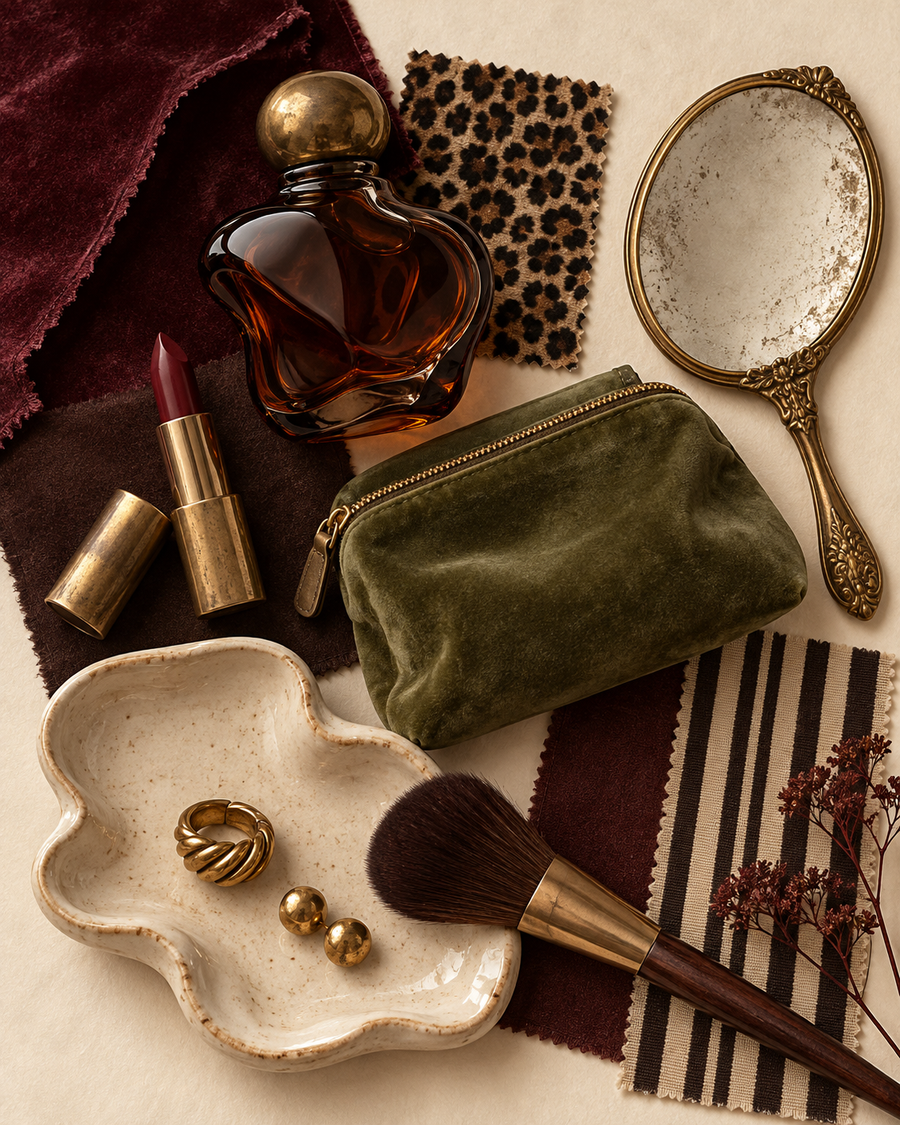 SH Collective beauty mood board in burgundy, olive, chocolate and cream