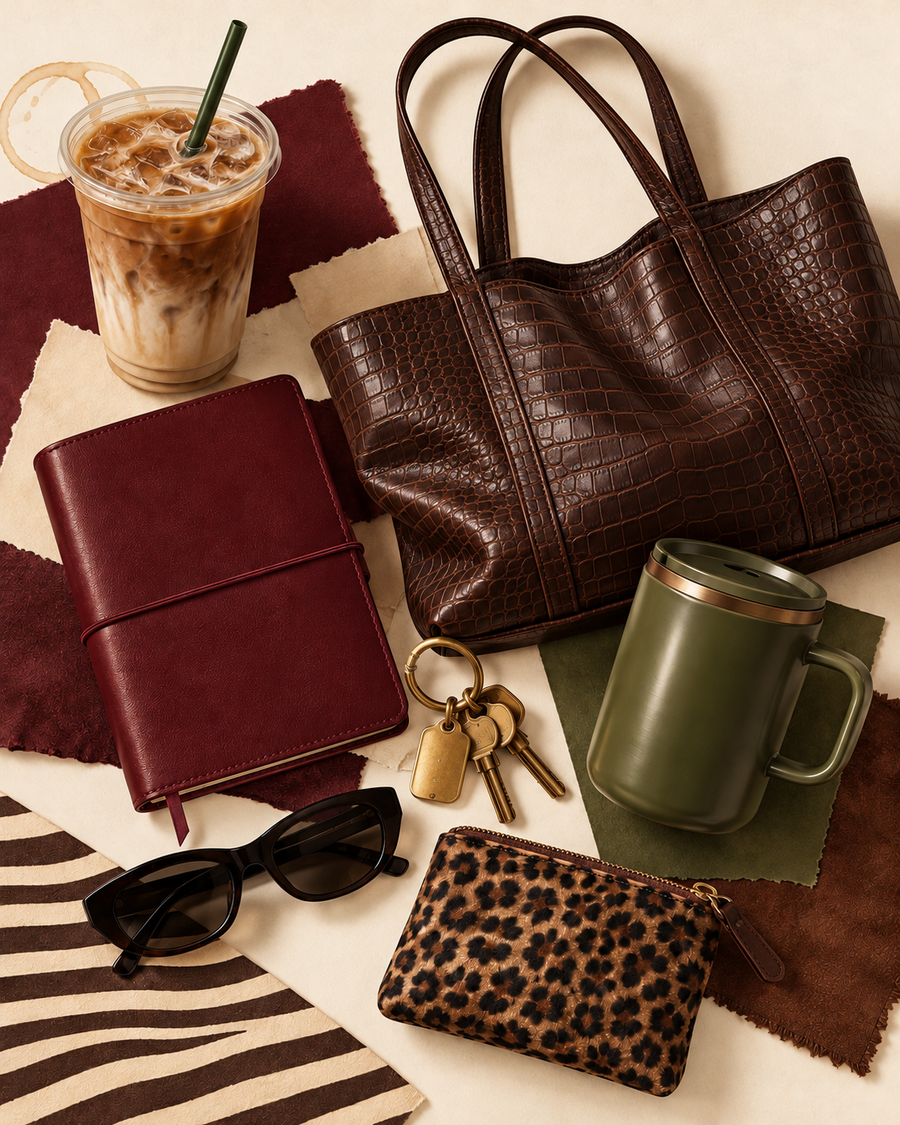 Everyday mood board with chocolate croc tote, burgundy planner, olive mug, iced coffee and leopard pouch