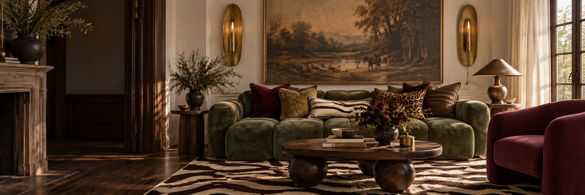 Eclectic living room with olive velvet, burgundy chair, sculptural walnut table and zebra rug